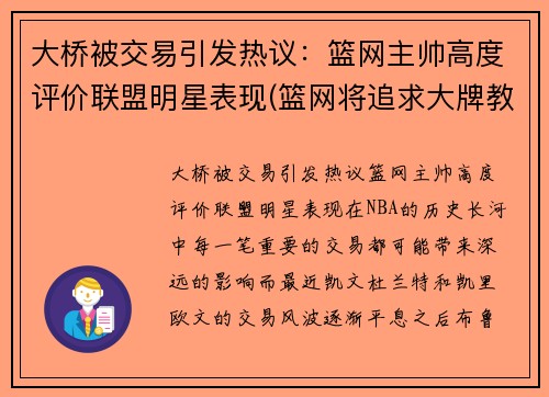 大桥被交易引发热议：篮网主帅高度评价联盟明星表现(篮网将追求大牌教练)