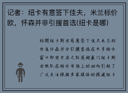 记者：纽卡有意签下佳夫，米兰标价欧，怀森并非引援首选(纽卡是哪)